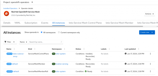 OpenShift web console -> Operators -> Installed Operators -> Red Hat OpenShift Serverless -> showing knative-serving instance.