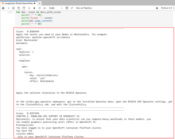 OpenShift AI Jupyter notebook. Query output of the last cell showing a score and response on enabling GPUs with OpenShift AI.