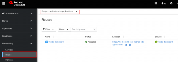 OpenShift web console -> Networking -> Routes highlighted -> Project and Location highlighted.