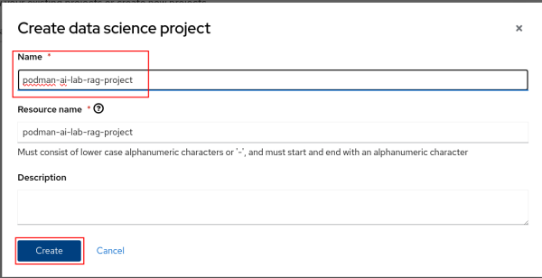 OpenShift AI -> Create data science project page -> Name highlighted.
