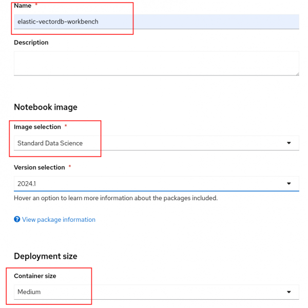 OpenShift AI workbench setup screen -> Name, Image selection, and Container size highlighted.