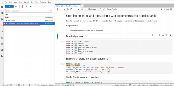 OpenShift AI Jupyter notebook. Notebook name and Upload icon highlighted.