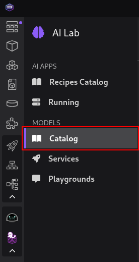Podman AI Lab -> MODELS -> Catalog highlighted.