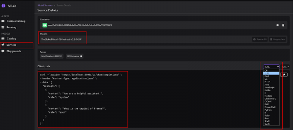 Podman AI Lab -> Services -> Models and Client Code sections as well as cURL drop down highlighted.