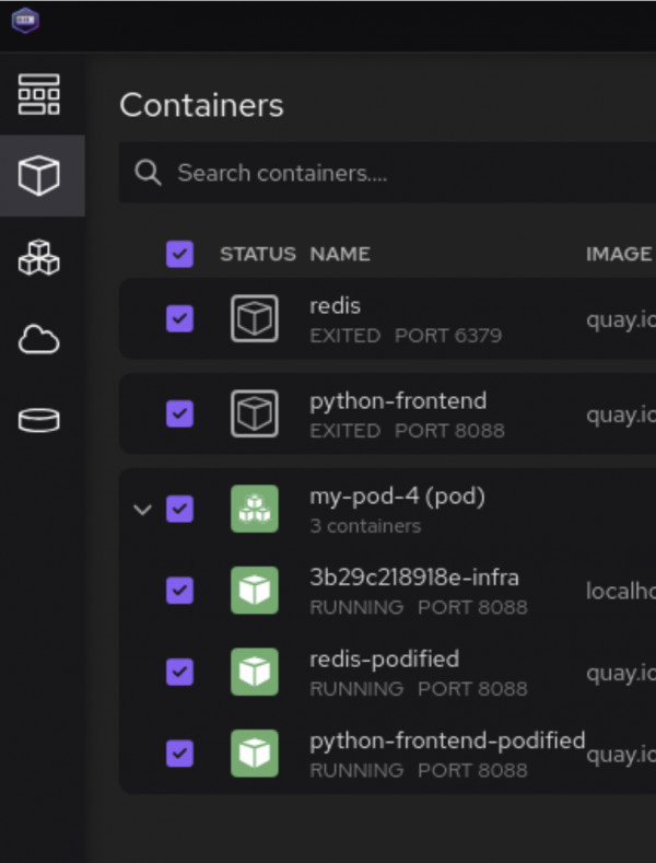 To delete all of the existing containers in Podman Desktop, select all containers, then click the delete button at the top of the panel.