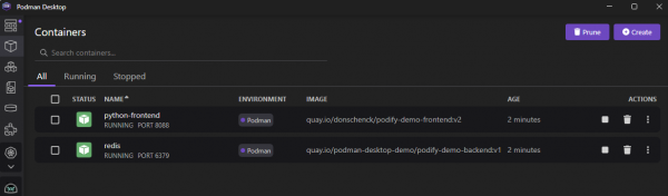 The new containers are running on your local machine in Podman Desktop.