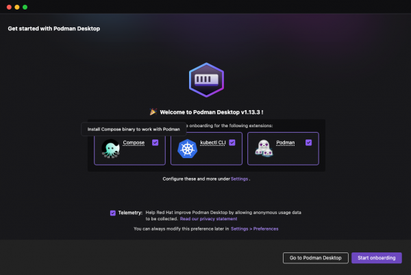 Initial screen of Podman Desktop when first started on macOS.
