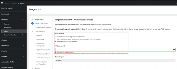 Selecting AWS account in RHEL image creation wizard.