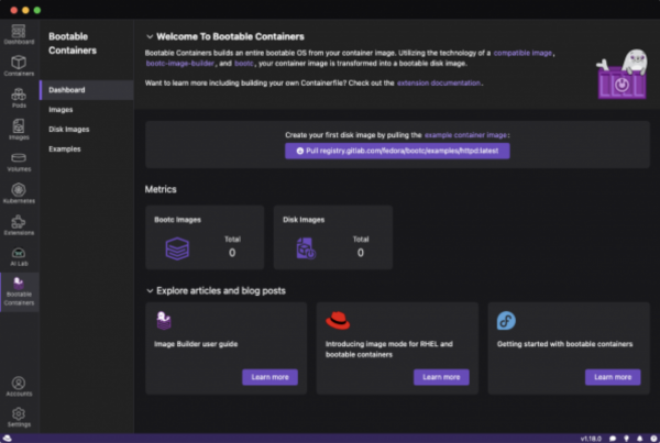 A view of the Welcome to Bootable Containers dashboard screen in Podman Desktop.