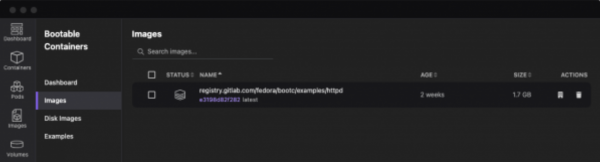 Bootable Containers > Images showing the container pulled from registry.gitlab.com.