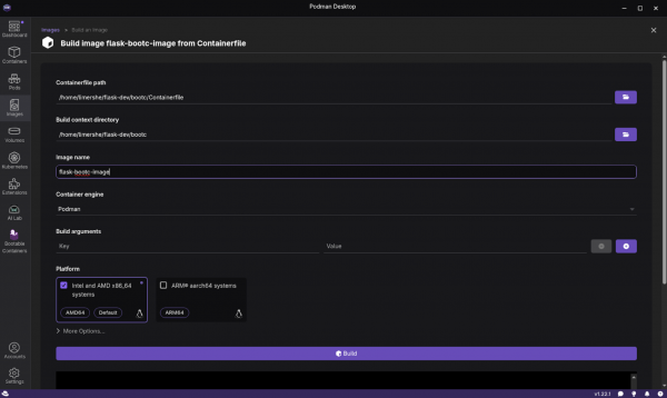 The Build image from Containerfile screen in Podman Desktop.