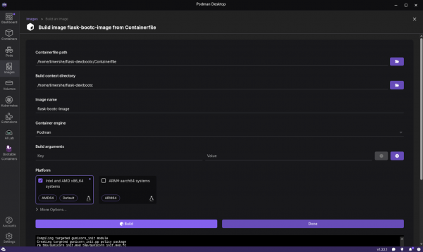 Successful Containerfile build output in Podman Desktop.