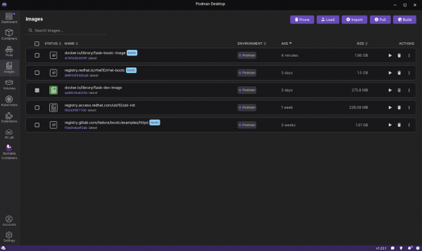 The container images listing screen with a new entry for the example image.
