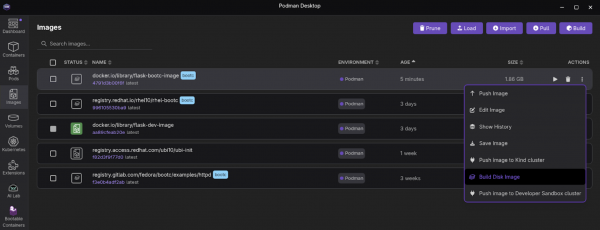 The Podman Desktop container images screen with the expanded menu under the actions kebab.