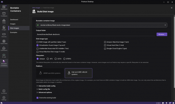 The completed Build Disk Image configuration.