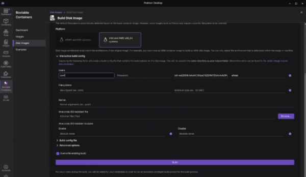 The expanded interactive build config section for building a disk image in Podman Desktop.