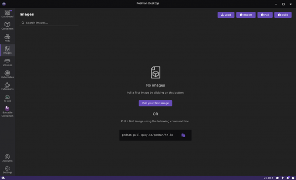 This shows the Podman desktop with the Images section opened with no images.
