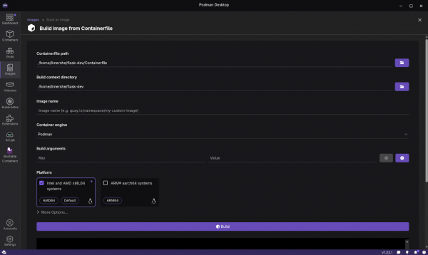 This Podman Desktop build screen shows an image name inputted and platform specified.