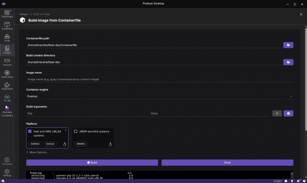 This Podman Desktop Build Process screen shows the Build and Done buttons.