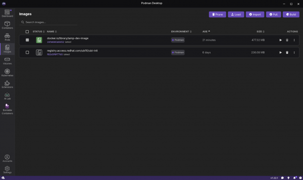 The Podman Desktop Images screen that shows the images listed. Run the cursor over the right arrow icon to run the image.