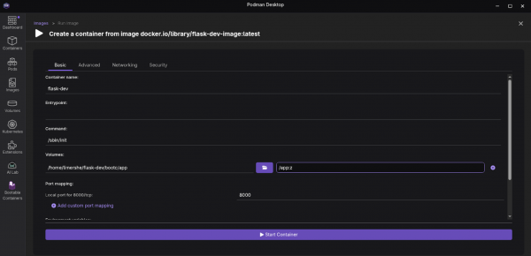 The Podman Desktop Create Container screen with the option to select the subdirectory.