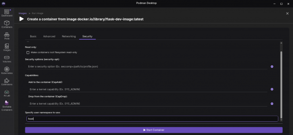 The Podman Desktop Create Container screen. The Security tab shows the user namespace specified.