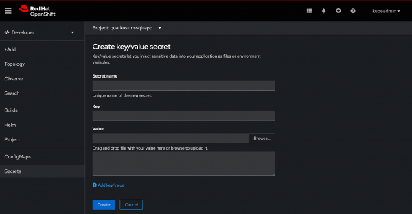 Creating the key/value secret in the OpenShift cluster interface.