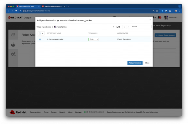 In Quay.io, navigate to your profile picture > Account settings page > Robot Accounts page > Create Robot Account > provide write permissions to the "hacknernews-tracker" repository.
