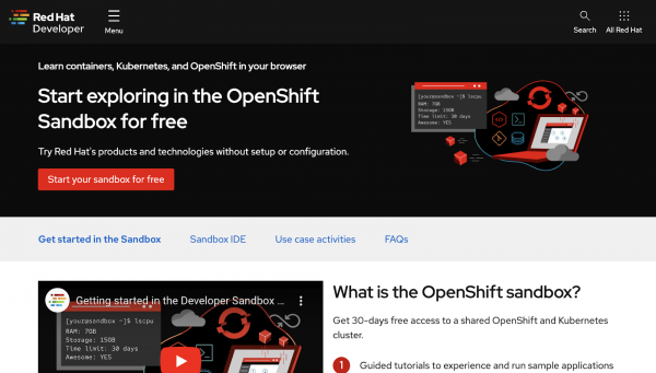 A screenshot of the Red Hat Developer Sandbox for OpenShift registration and login page.