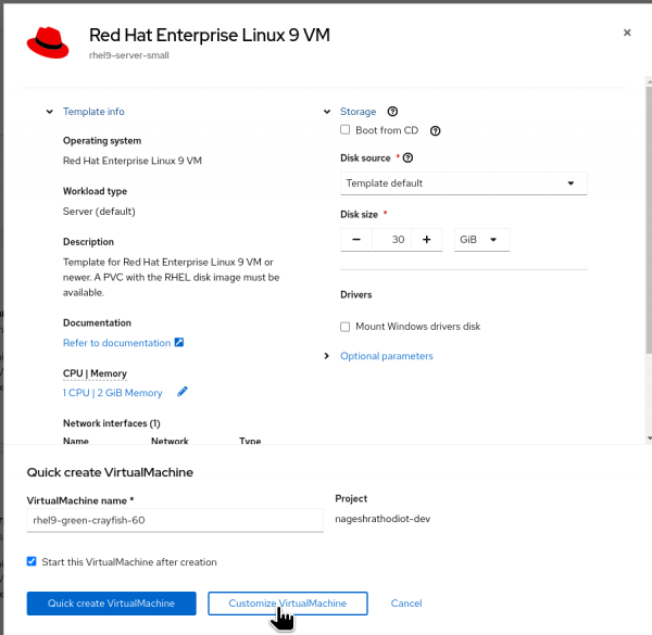 From the Template, select "Customize Virtual Machine" to configure the virtual machine.