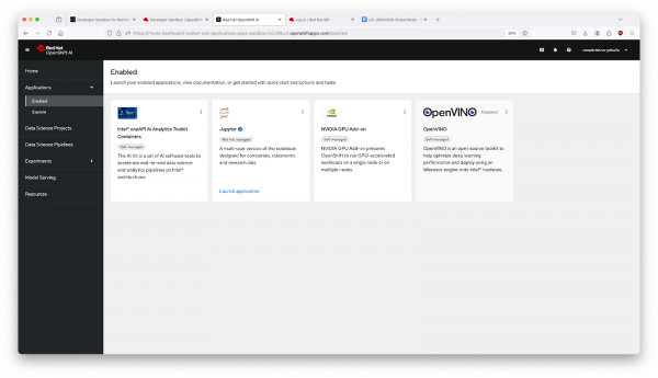 The left menu includes an "Enabled" option. Selecting this option will display a list of pre-installed applications on OpenShift AI.