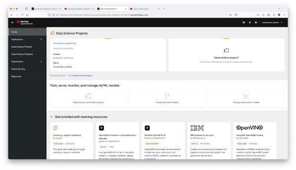 The OpenShift dashboard displays various data science project options under the heading 'Data Science Projects'. This screen is your gateway to managing and initiating new AI applications within the OpenShift environment.