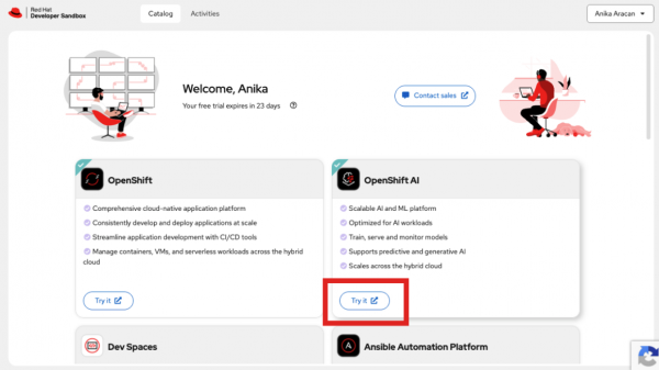 OpenShift dashboard showing the OpenShift AI card’s “Try it” button selected.