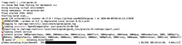 Command-line interface showing status output lines during an active garak scan at 33% complete.