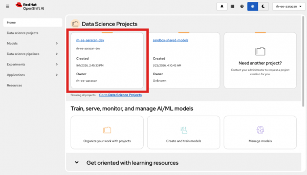 OpenShift AI dashboard displaying available projects, with a red box highlighting the target project card.