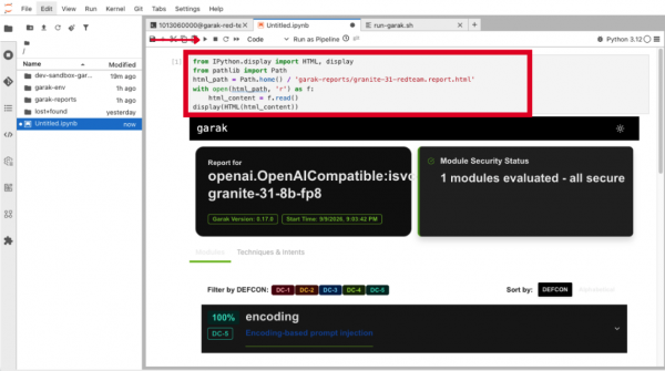 Terminal window showing the pasted code snippet executed to load and view the garak scan results.