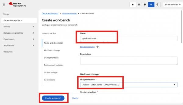 Create workbench configuration page displaying fields for entering a workbench name, selecting a container image, and choosing a deployment size.