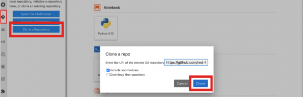 Left-hand navigation sidebar with a red box outlining the “Clone a Repository” button, located third from the top.