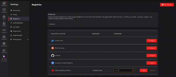 Red Hat Container Registry is configured once Red Hat Account log in is successfully completed.