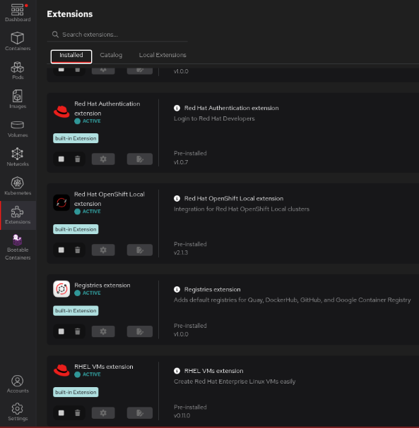 Installed tab of the Extensions section in Podman Desktop.