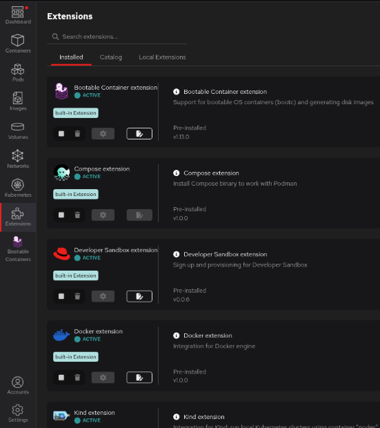 Installed tab of the Extensions section in Podman Desktop.