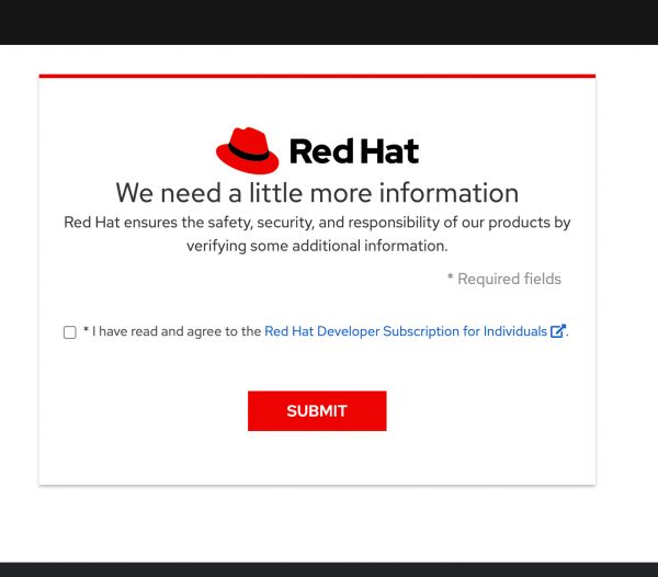 Window prompting you to verify you have read and agree to the Red Hat Developer Subscription for Individuals Terms and Conditions.