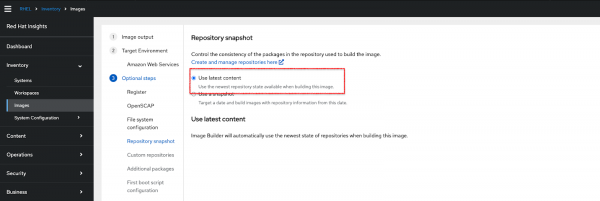 Selecting repository snapshot option in RHEL image creation wizard.