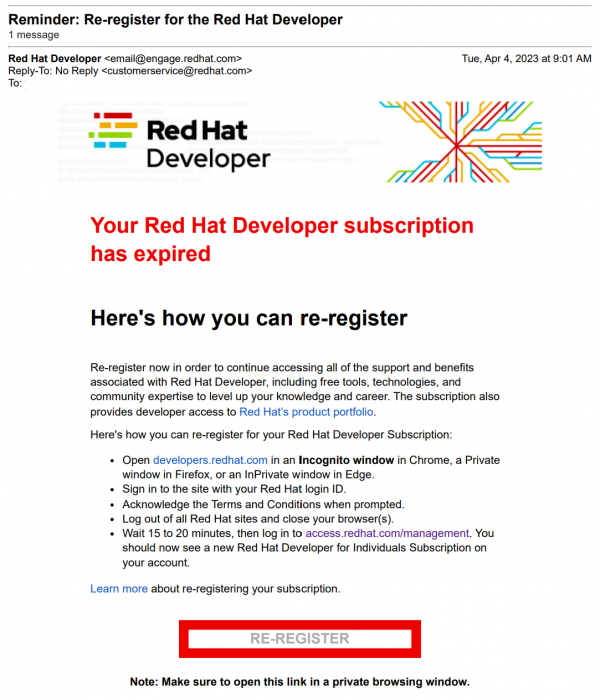 Email from Red Hat Developer with instructions on how to re-register their developer subscription.