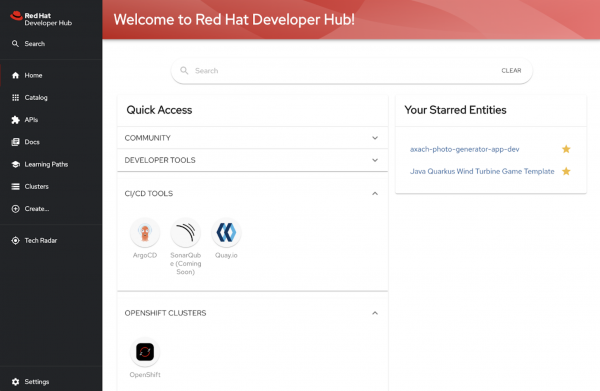 Red Hat Developer Hub pre-populated with CI/CD tools, templates, and more already available.