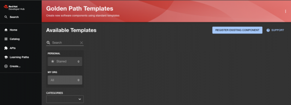 The Golden Path Templates screen in Red Hat Developer Hub with no templates available (yet).