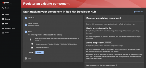 Register an existing component screen in Red Hat Developer Hub.