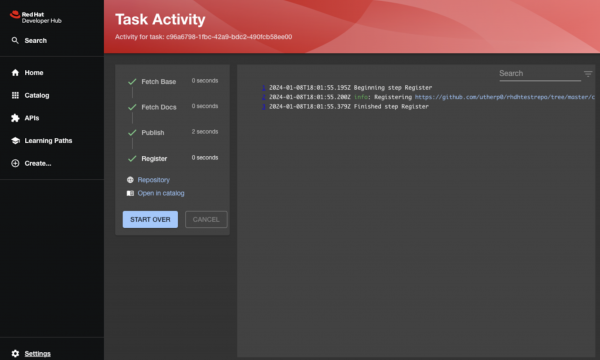 The Task Activity screen showing the successful template run.