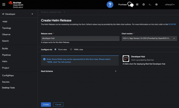 The Create Helm Release screen with defaults applied for Developer Hub.