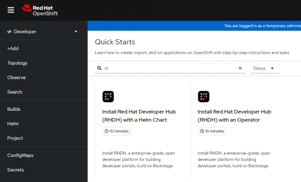 Red Hat Developer Hub quick starts tiles in the OpenShift console.